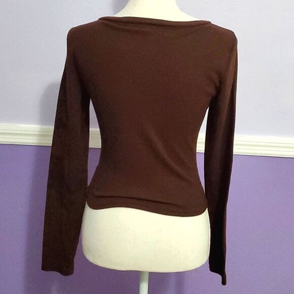 Brown Fitted Floral Bling & Angel Wings Biker Emo Long Sleeve Crop Top - Picture 5 of 7